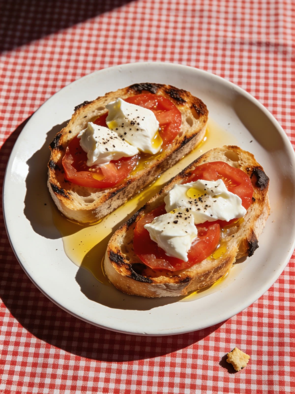 Deux bruschettas sur une assiette blanche, pain grillé, tomate, mozzarella et huile d'olive, en plein soleil.