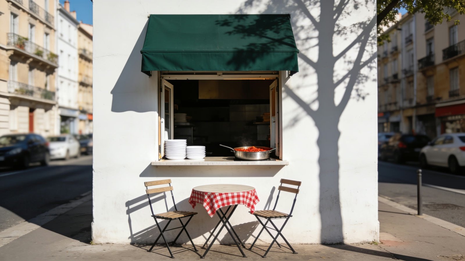 La devanture d'un comptoir à pâtes sur un boulevard ensoleillé, store vert et table à nappe à carreaux sur le trottoir.