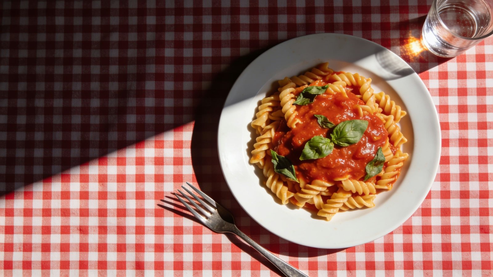 Une assiette de fusilli à la sauce tomate et au basilic posée sur une nappe à carreaux rouges, en plein soleil.