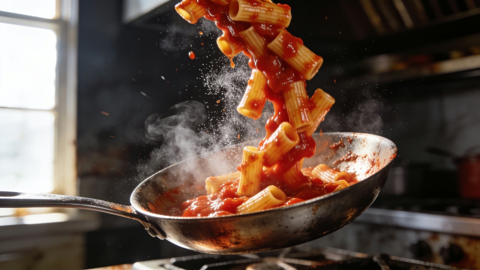 Une poêle en acier saisie en plein saut, rigatoni et sauce tomate en l'air au-dessus du feu.