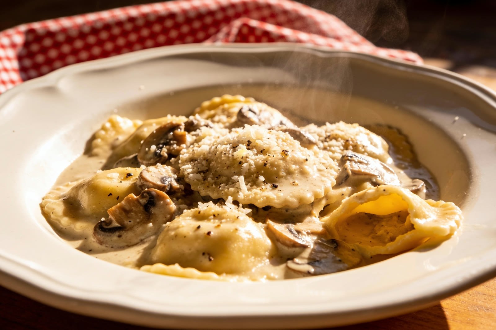 Une assiette de raviolis frais dans une sauce crémeuse aux cèpes, parmesan râpé et poivre concassé.