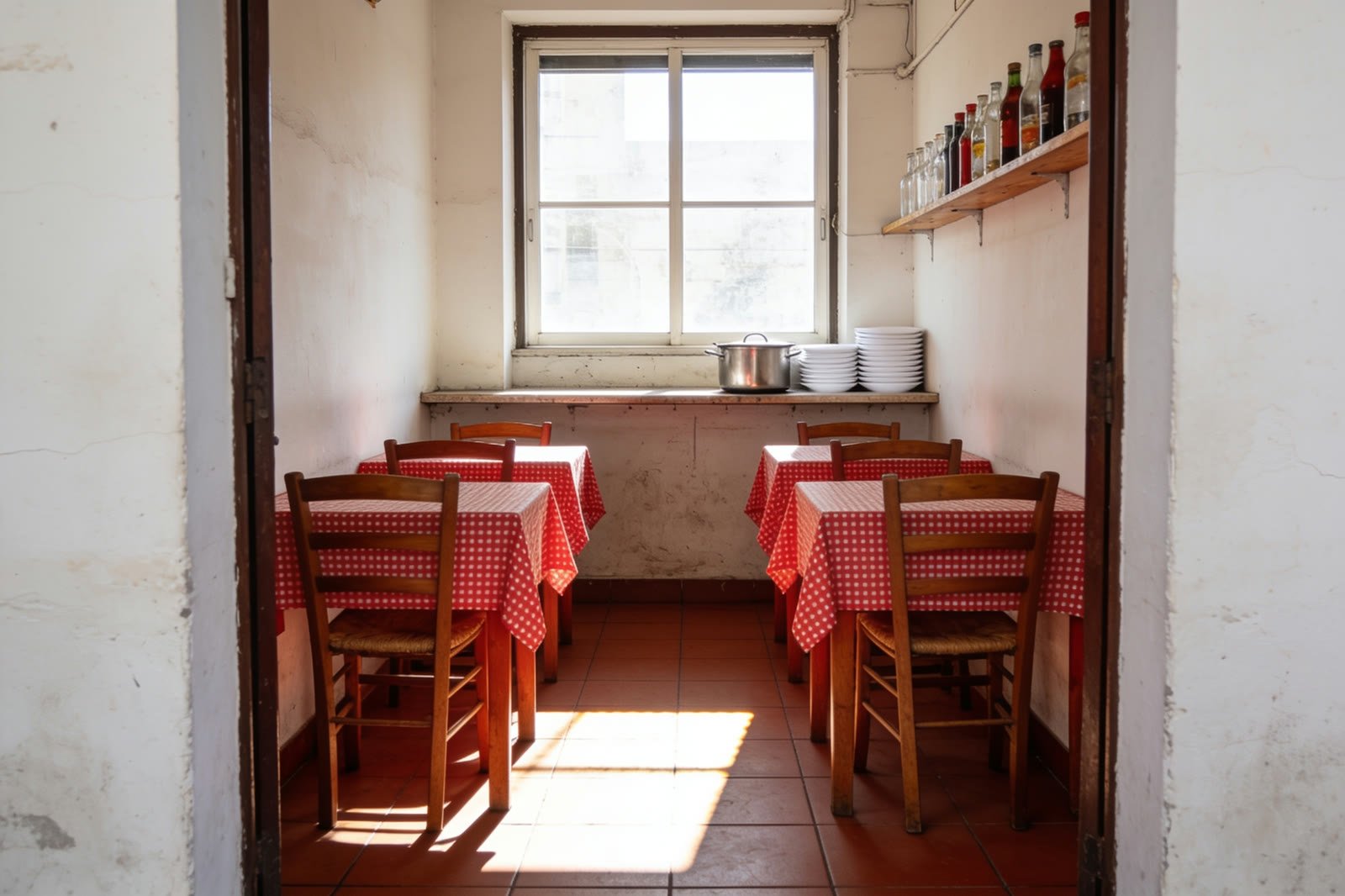 La petite salle, quatre tables à nappe à carreaux rouges et un carré de soleil sur le carrelage.